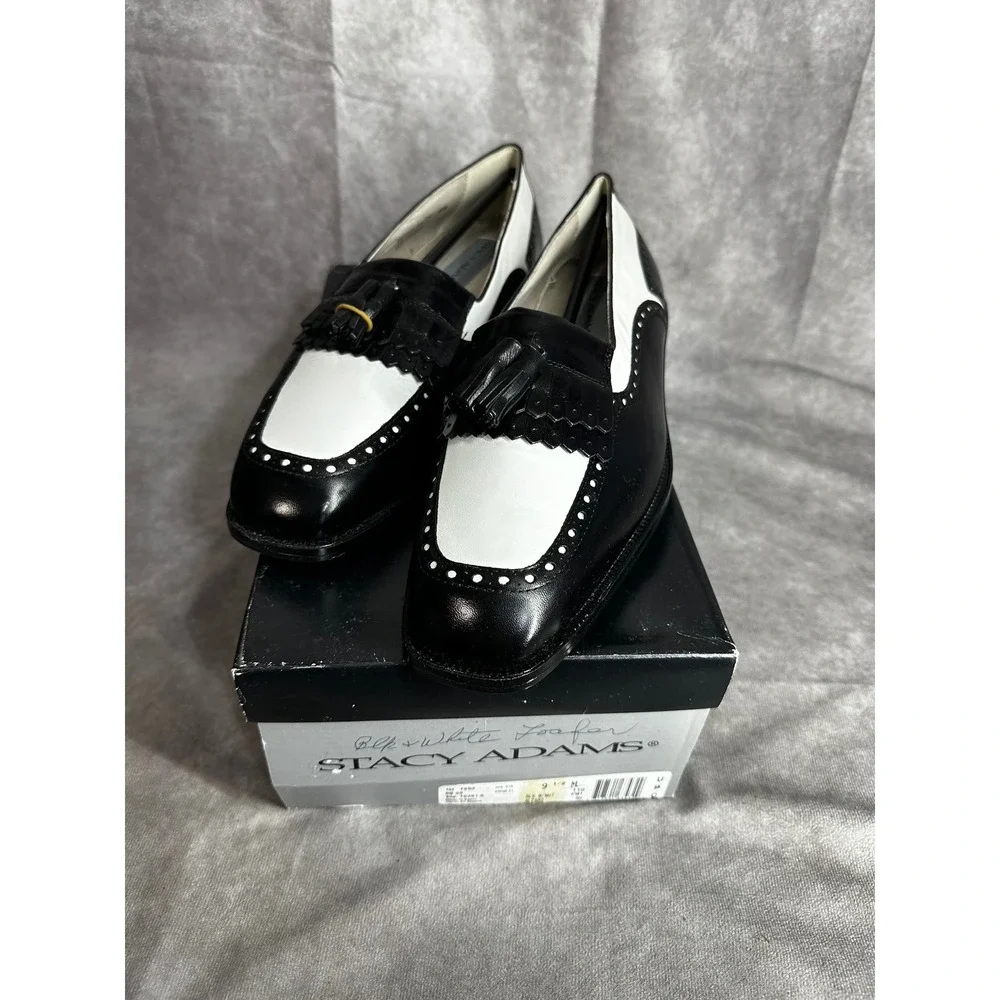 Vintage Stacy Adams Mens 9.5 M Black White Leather Tassel Kiltie Loafers Spain
